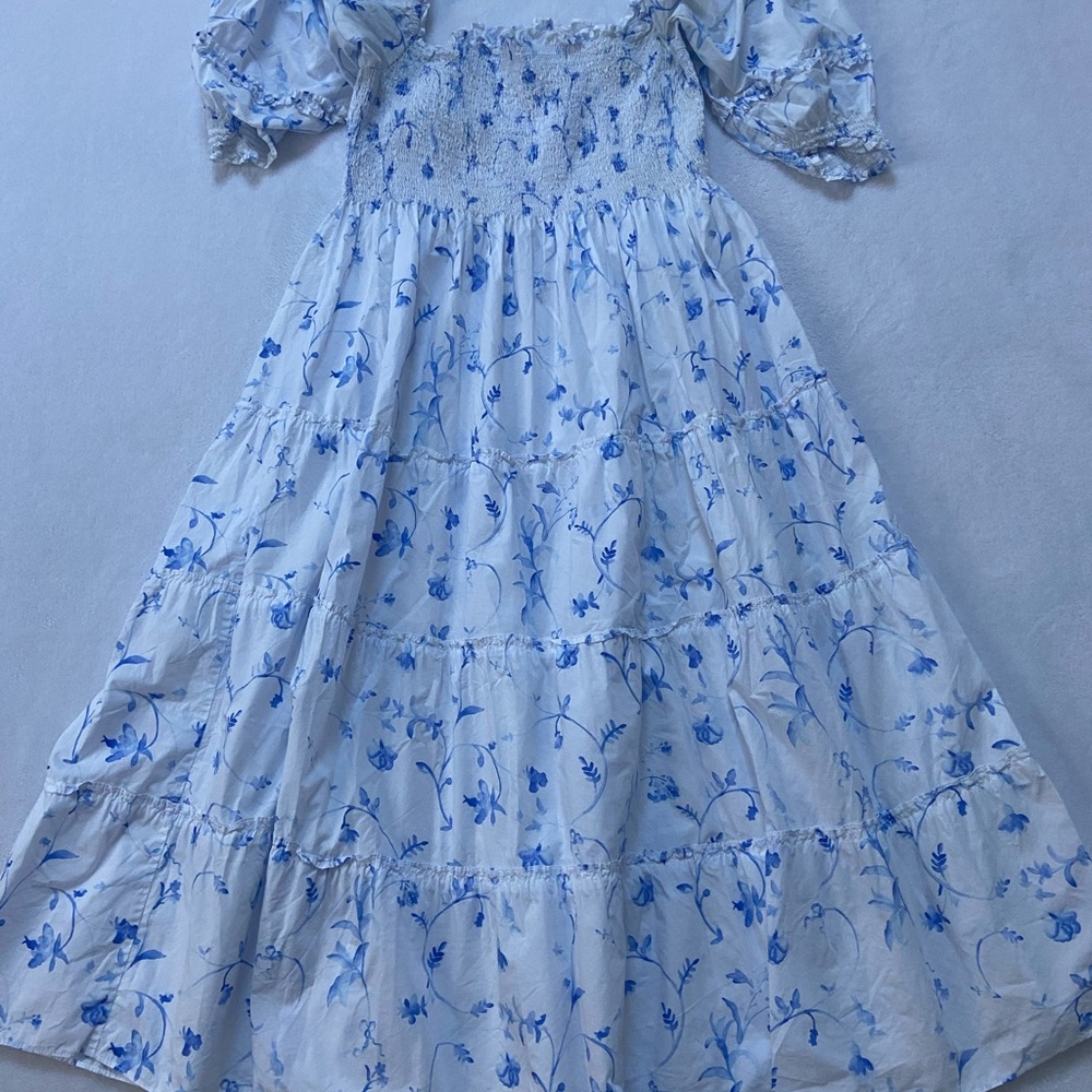 Hill House Women's Dress in White with Blue Floral Pattern
